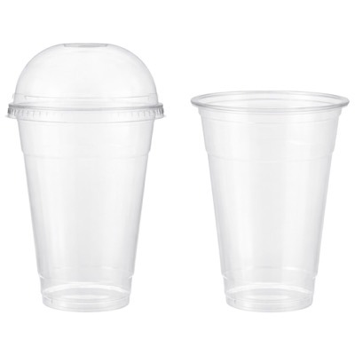Two clear plastic juice cups, one with a dome lid
